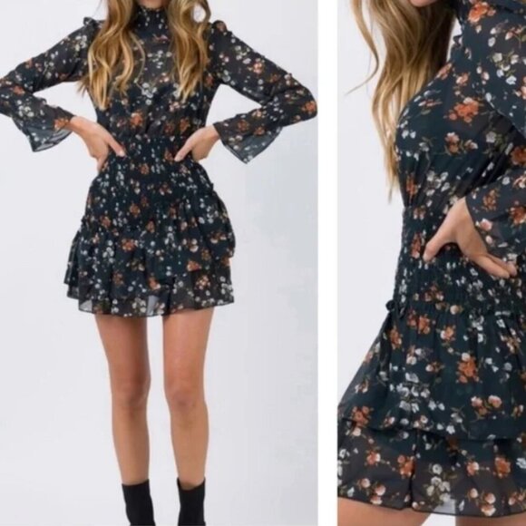 Princess Polly Evening Bloom Mini Dress Green Floral Women's 2 Long Sleeve Lined - Picture 1 of 16